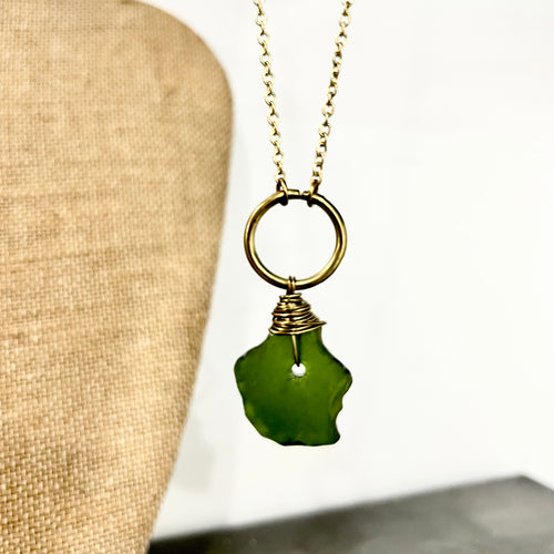 Necklace-  Beach Glass: Green, Gold