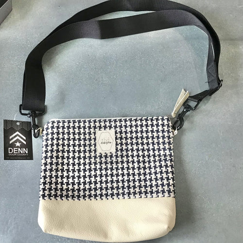Black and White Check purse with white Leather