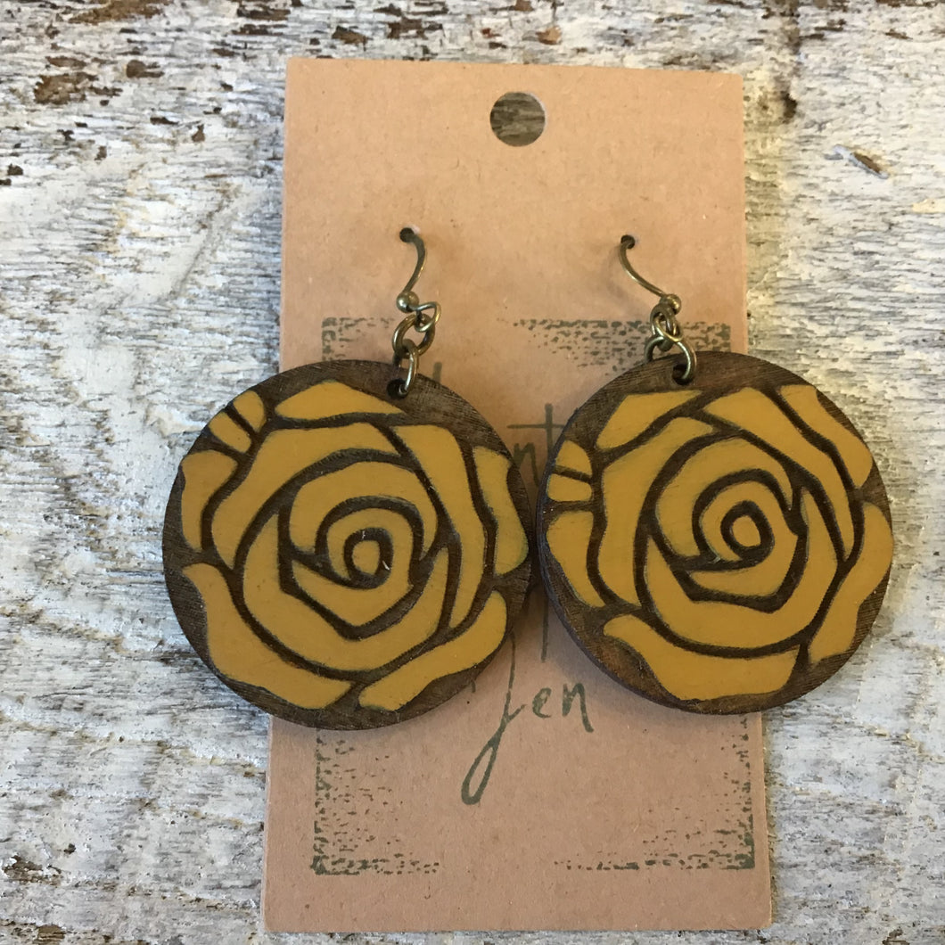 Earring, Wood- Gold Rose