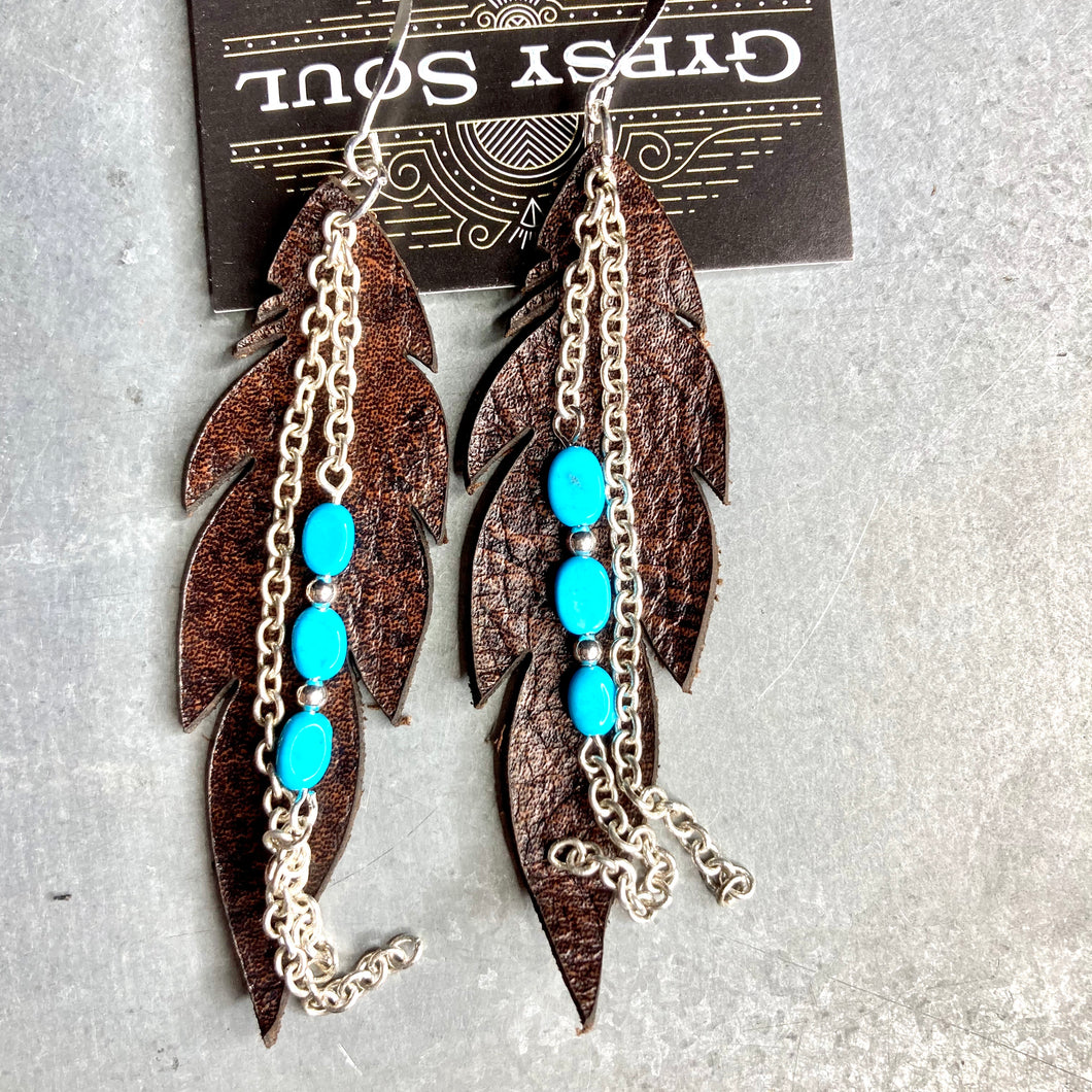 GS- Brown Leather Earrings, Turquoise