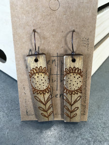 Earring, Wood- Gold Sunflower