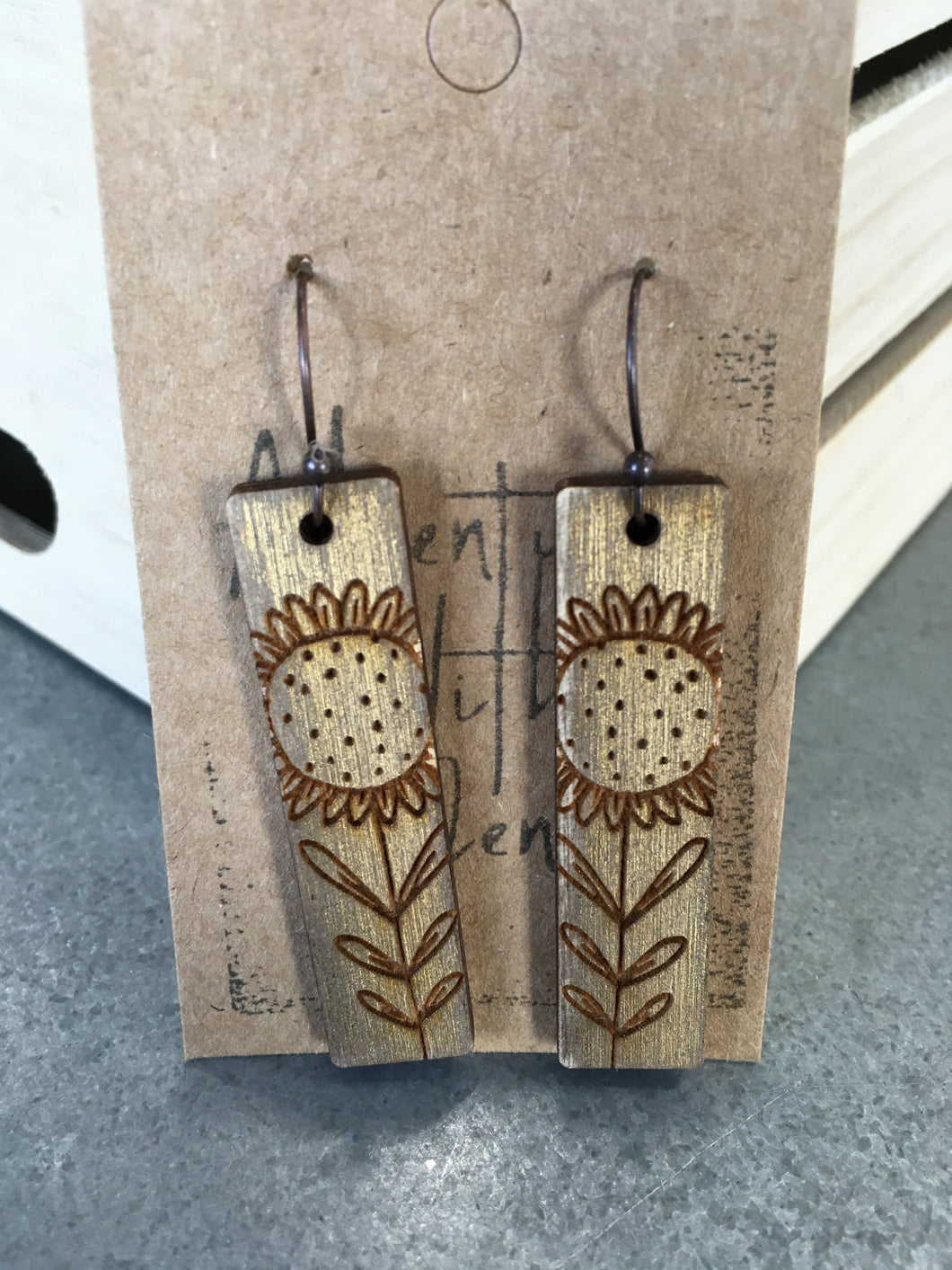 Earring, Wood- Gold Sunflower