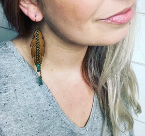 GS- Brown Leather Earrings, Green