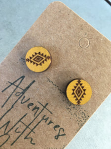 Earring Stud, Wood - Yellow Aztec