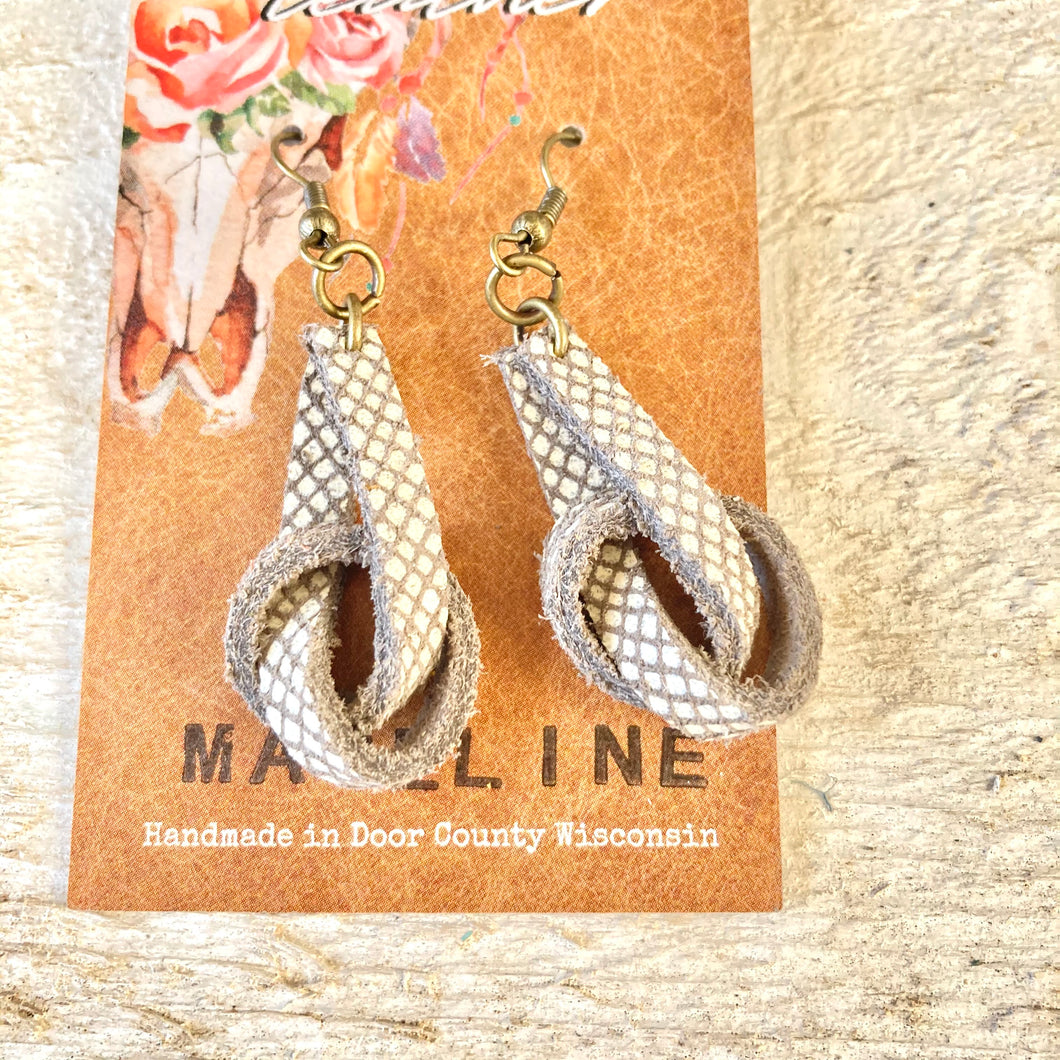 Earring- Leather Knot, Gray & White