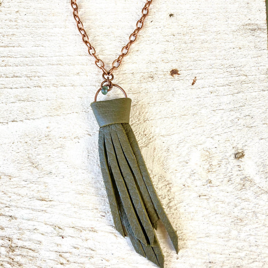 Necklace- Leather Tassel, Green