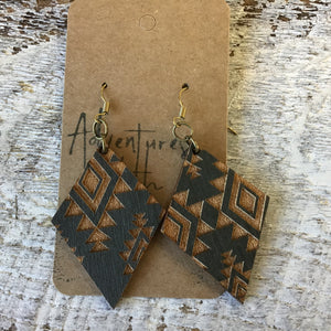 Earring, Wood- Navy Quilt