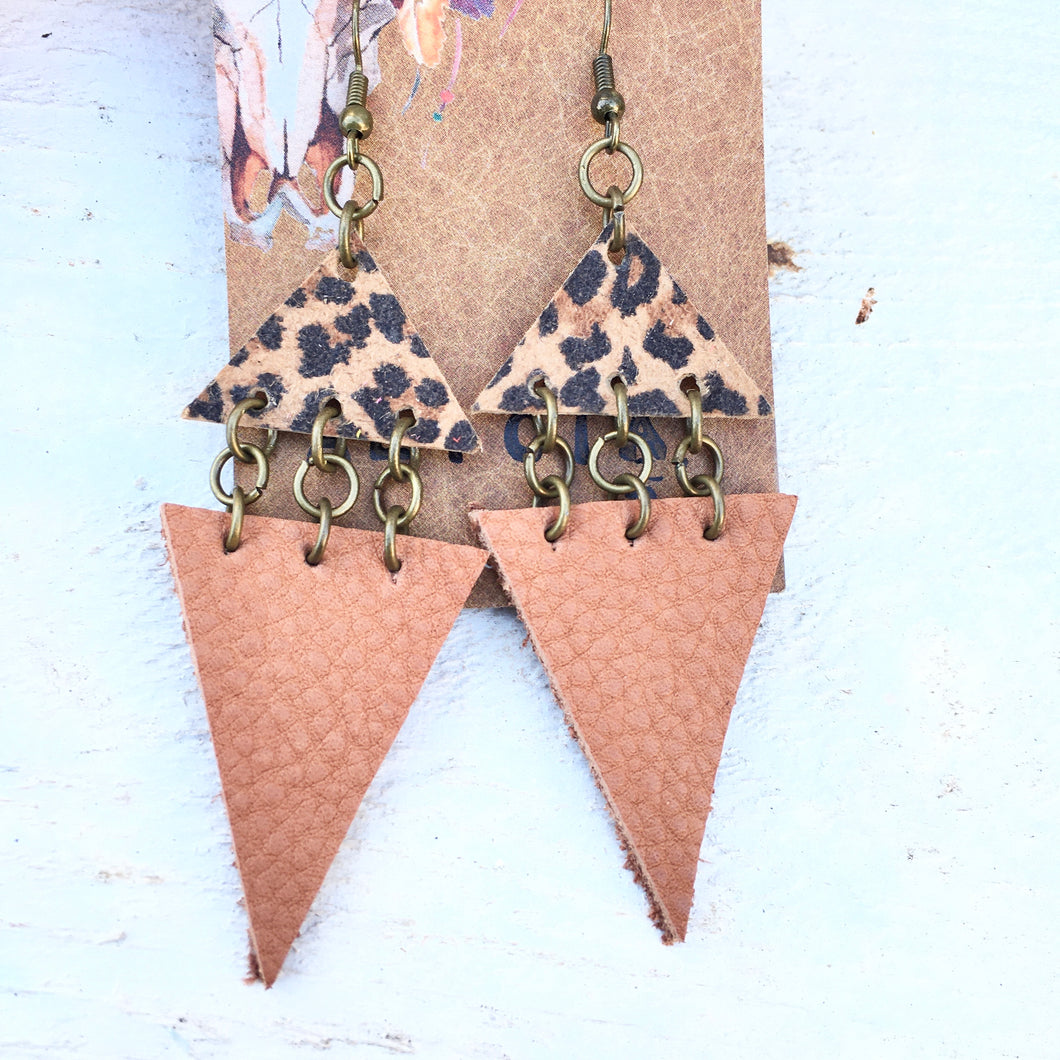 Earrings Brown leather triangles with animal print