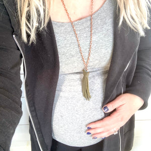 Necklace- Leather Tassel, Gray